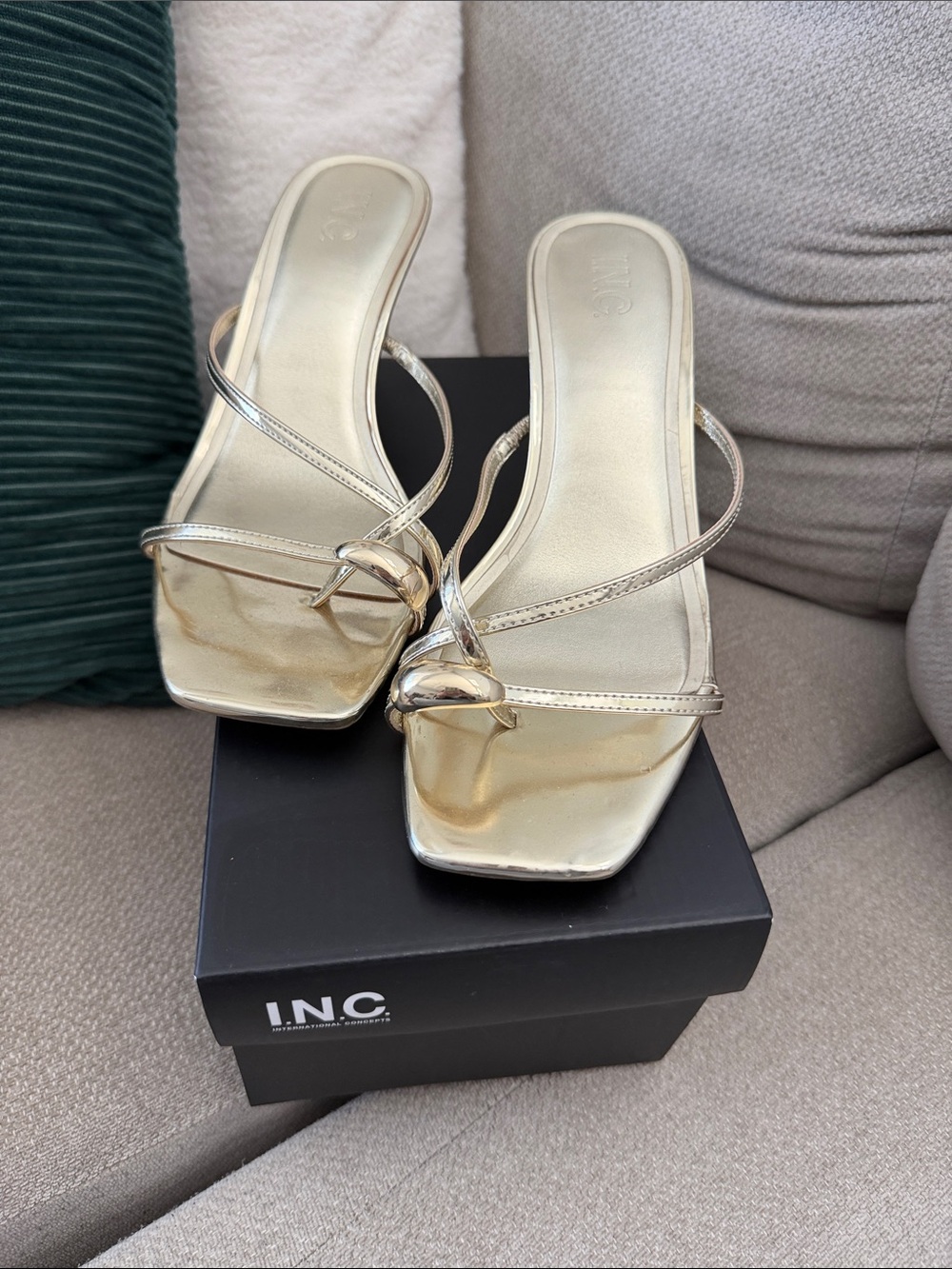 INC International Concepts Gold Metallic Strappy Square-Toe Mules